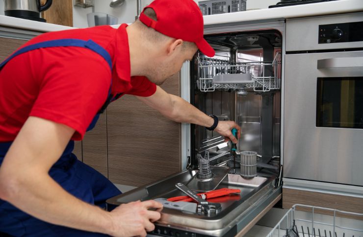 A man wearing a red shirt and hat works on fixing a dishwasher in a kitchen, showcasing Houston's appliance repair services.