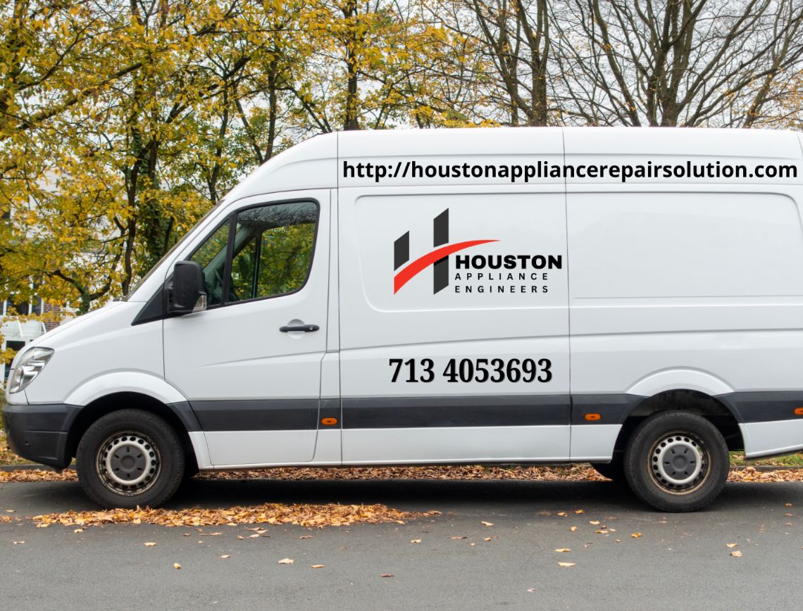 A white van is parked near a tree, indicating an appliance repair service based in Houston, TX.